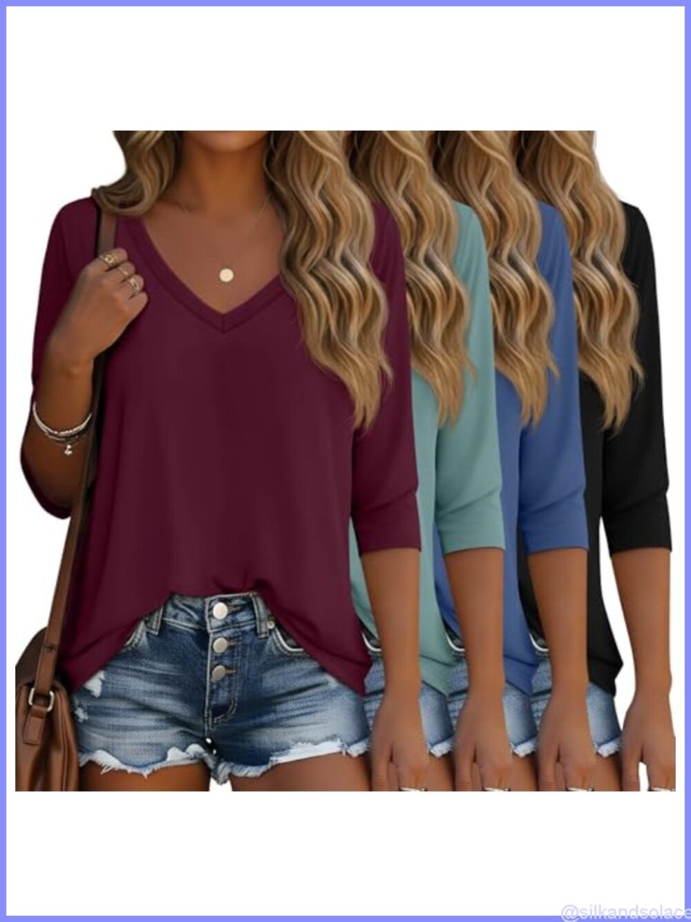 4 Pack Womens 3/4 Sleeve V Neck T-Shirts Loose Fit Cotton Spandex Basic Tops